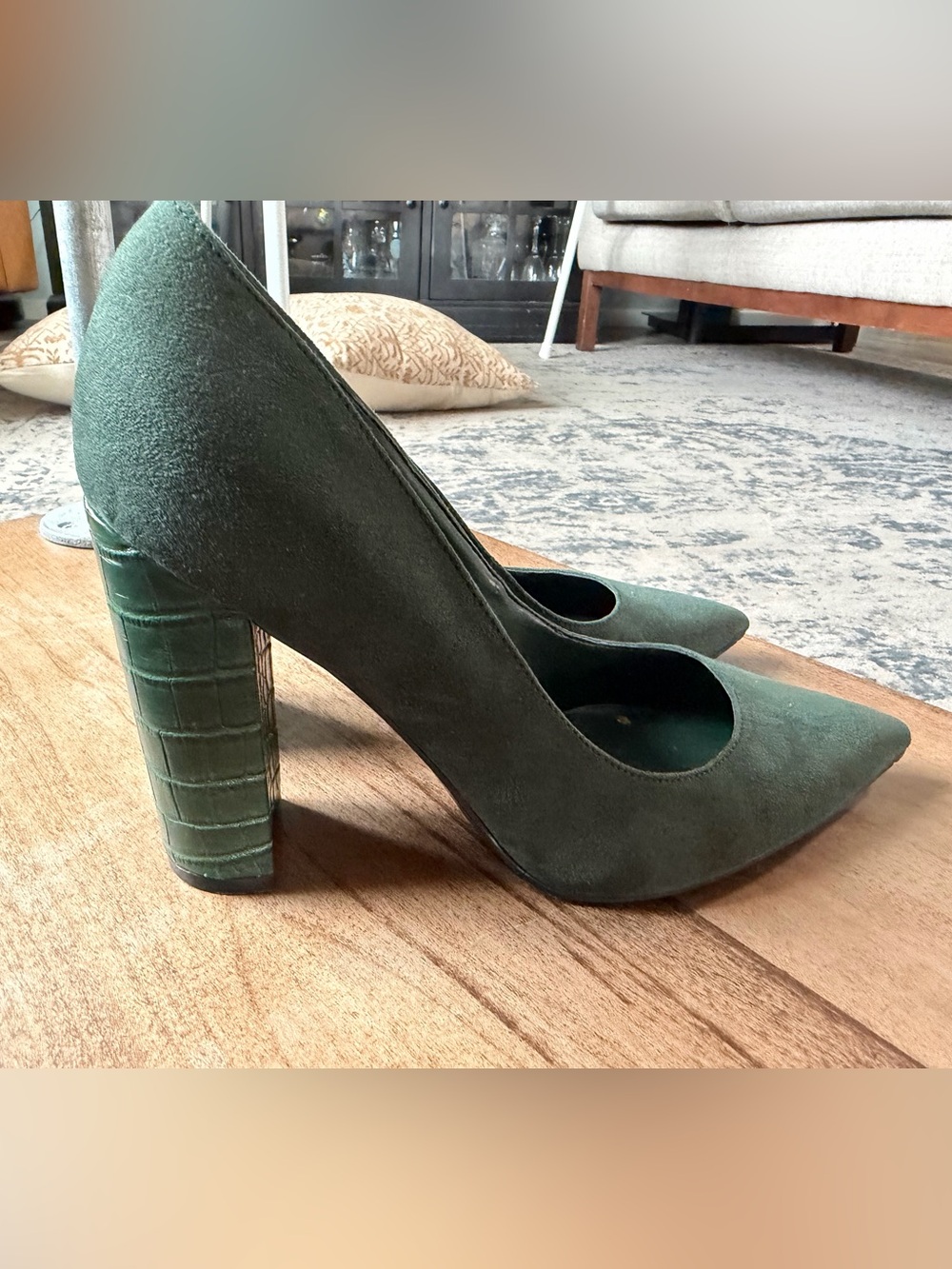 Nine West Dark Green Suede Block Heel Pumps